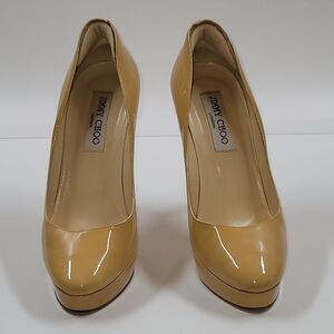 Jimmy Choo Victoria Tan Patent Leather Almond Toe Platform Pumps‎ Women 38/US 8